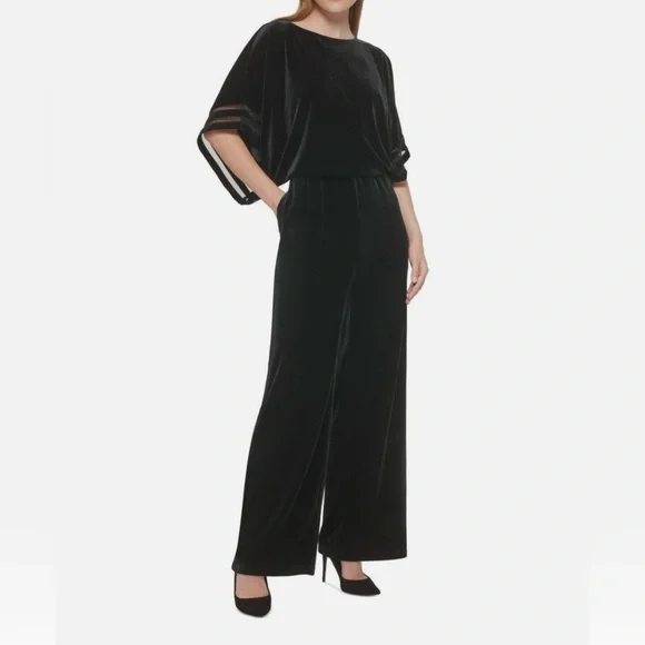 Jessica Howard Womens Black Velvet Wide-Leg Jumpsuit Size L - Picture 8 of 11